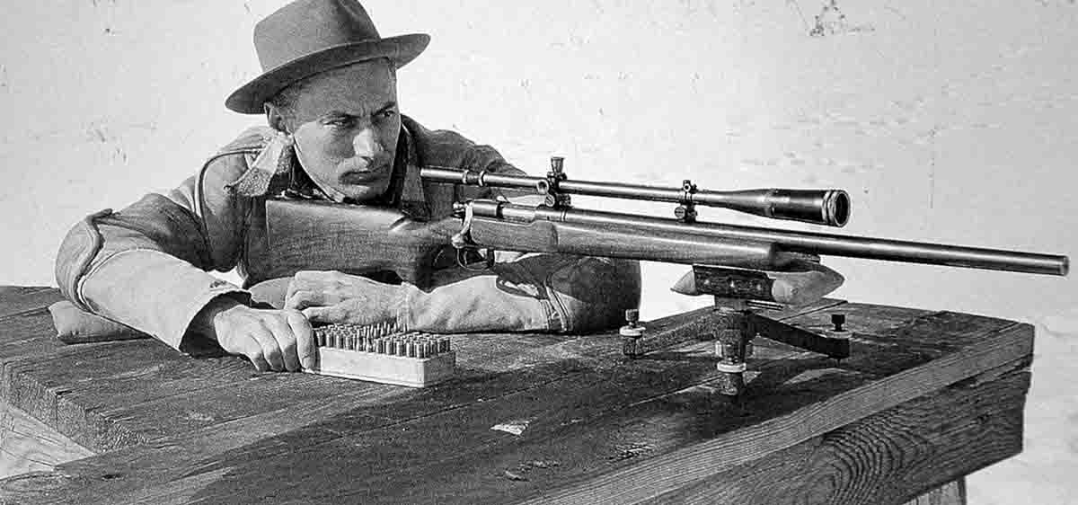 In this early 1950’s photo, Remington’s Mike Walker is shooting a benchrest rifle built on a Model 722 action, probably a .222 Remington or 6x47mm. It is topped with a Lyman Super Targetspot scope and is the forerunner of the 40X target rifle he designed.